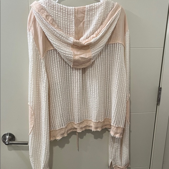 POL: Lightweight Waffle Knit Hooded Button Cardigan in Cream & Blush - Picture 8 of 9
